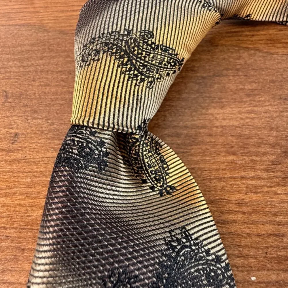 Vintage Studio Milano Handmade Gold Striped Paisley Silk Blend Necktie